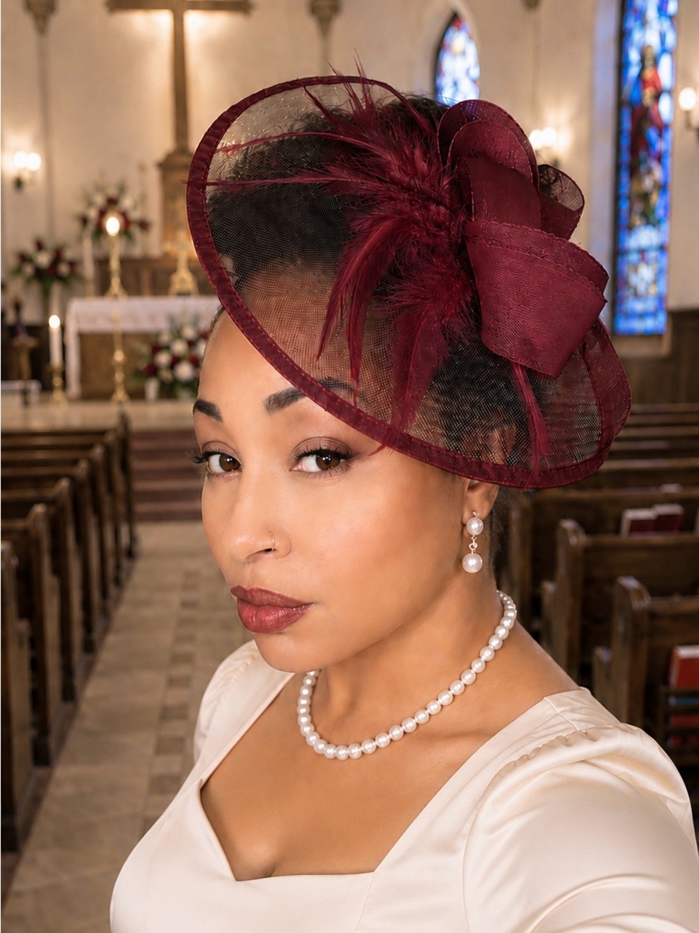 Elegant Burgundy Fascinator Hat for Women